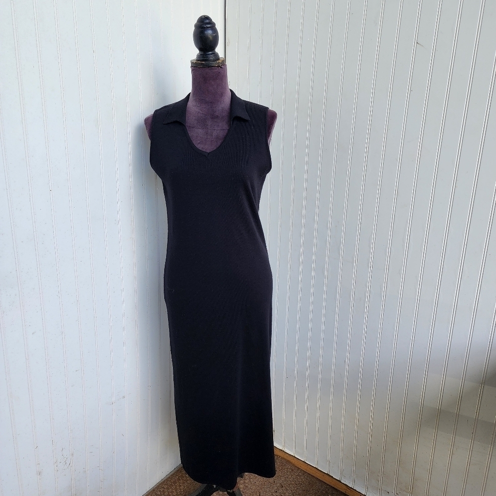 Clorinda Black Knit Sheath Dress Sleeveless V-Neck Made In Italy Cashmere Wool M